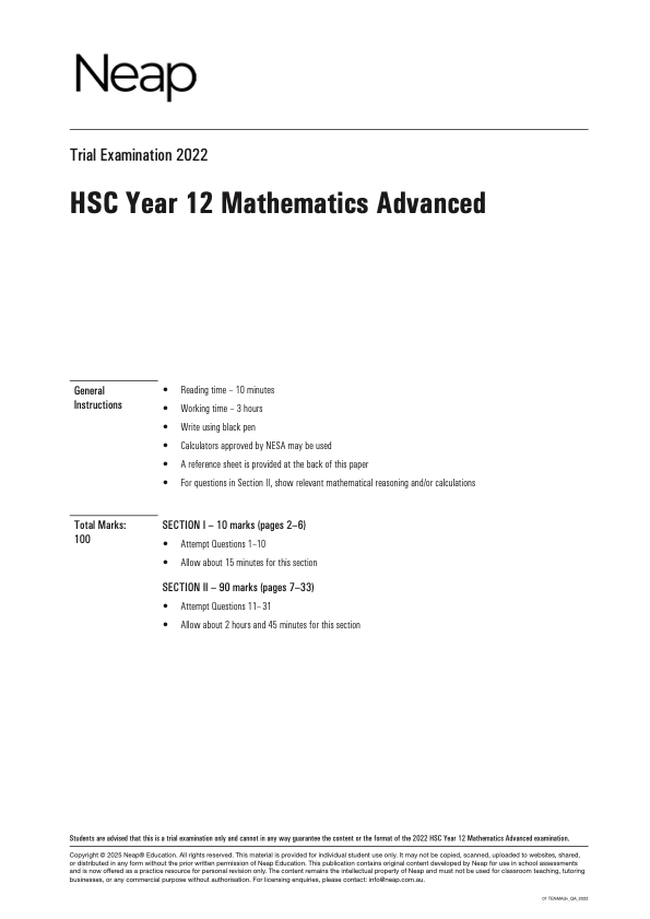 Neap Practice Exam Pack: NSW Year 12 Mathematics Advanced (3 Exams)