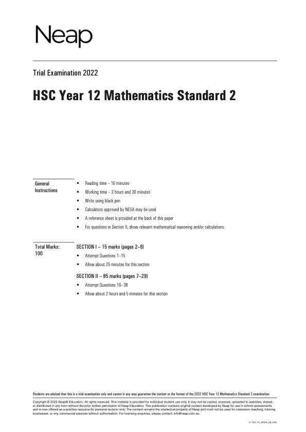 Neap Practice Exam Pack: NSW Year 12 Mathematics Standard 2 (3 Exams)