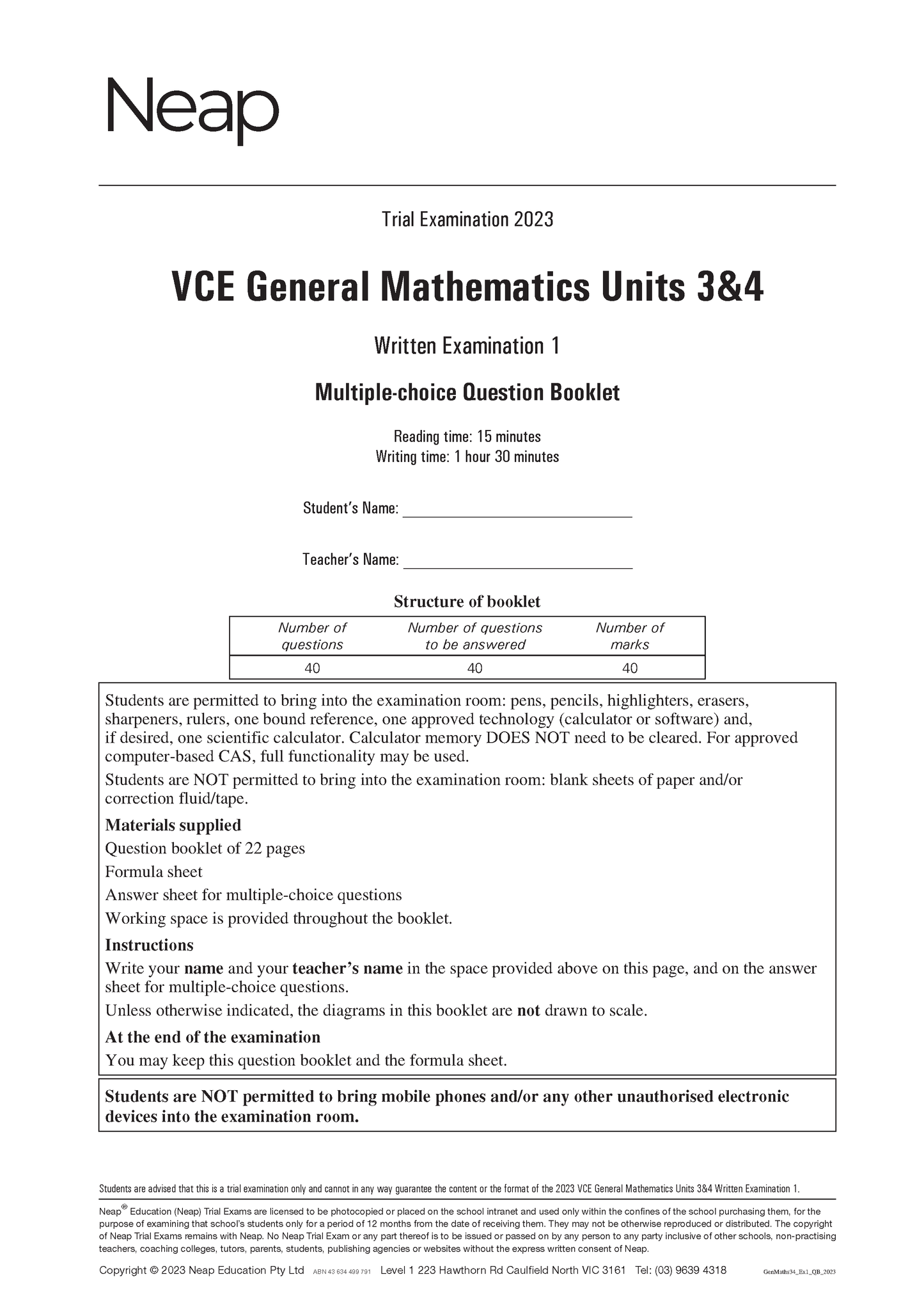 Neap Practice Exam Pack: VCE General Mathematics Units 3&4 (2 Exams)