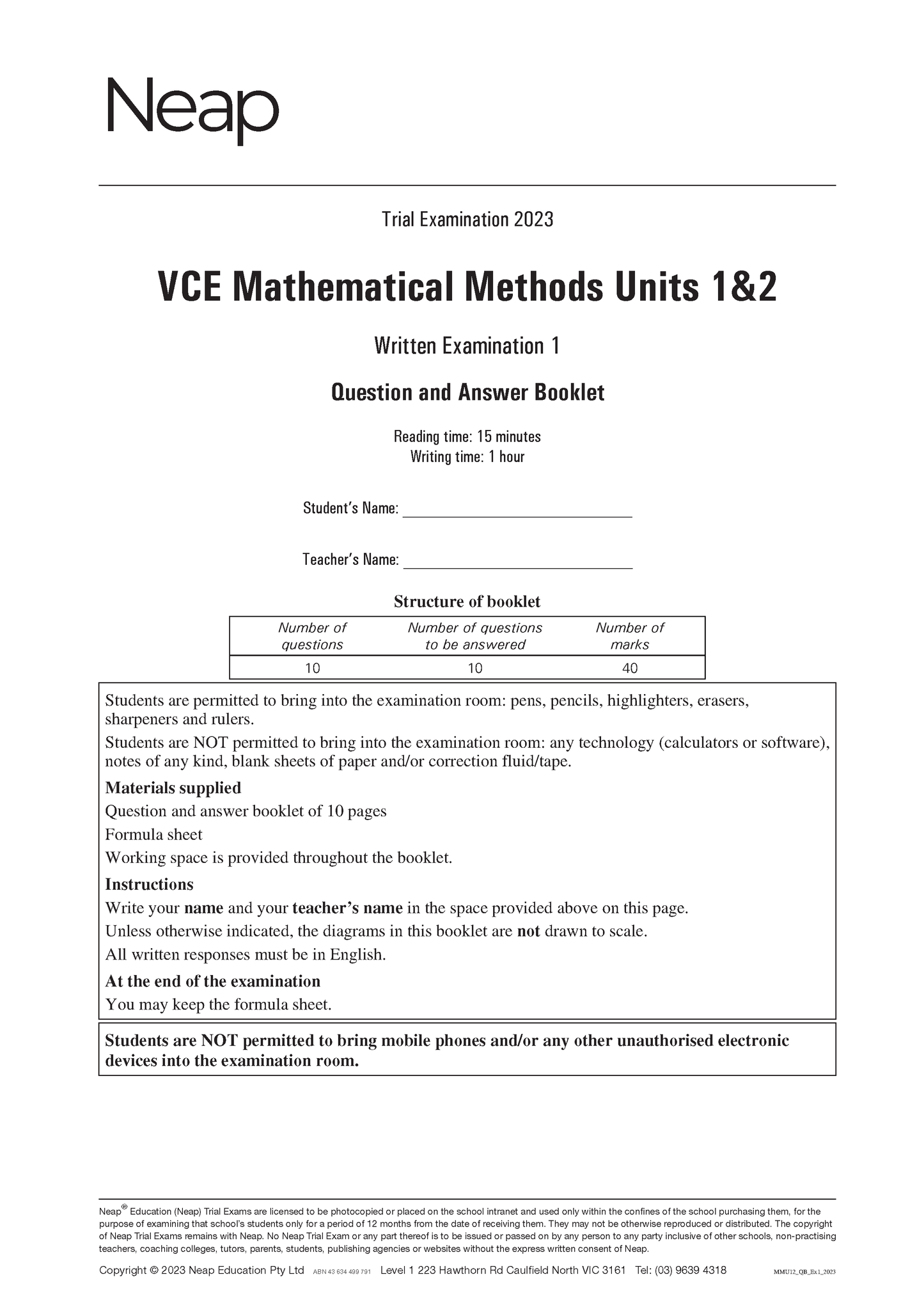 Neap Practice Exam Pack: VCE Mathematical Methods Units 1&2 (2 Exams)