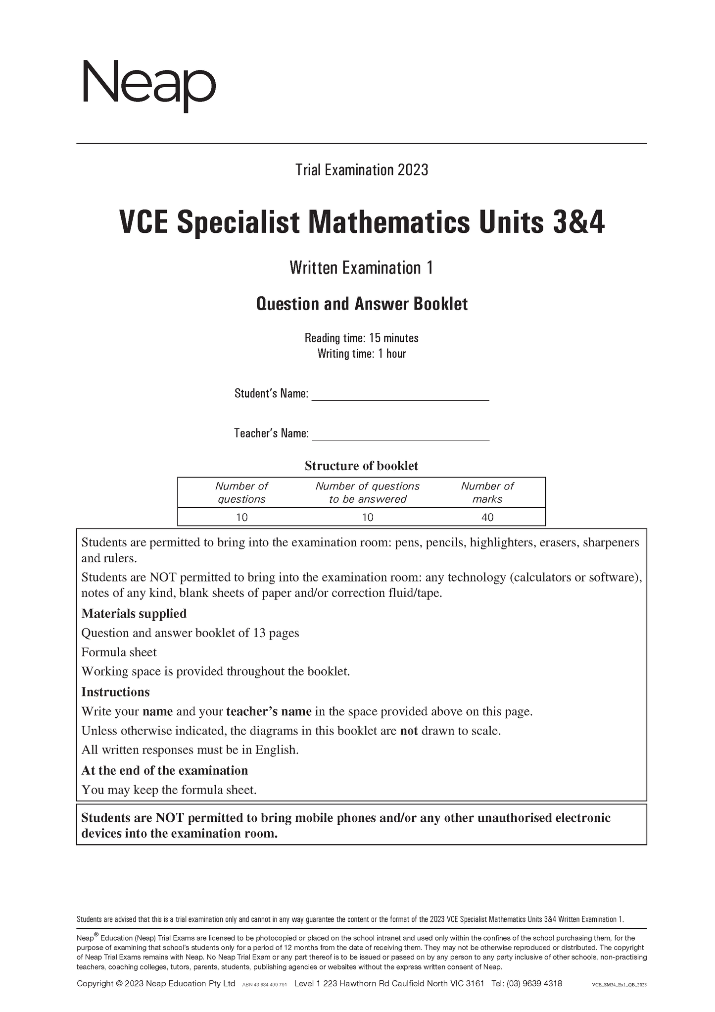 Neap Practice Exam Pack: VCE Specialist Mathematics Units 3&4 (2 Exams)