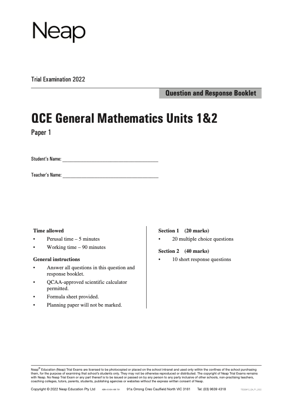 Neap Trial Exam 2022 QCE General Maths Units 1&2 (Papers 1&2) ATAR Notes