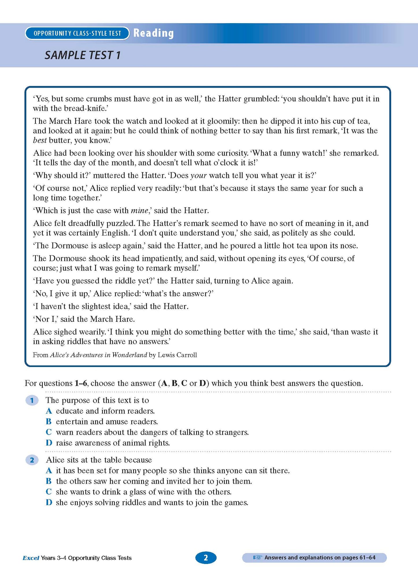 Excel Opportunity Class Tests Years 3-4