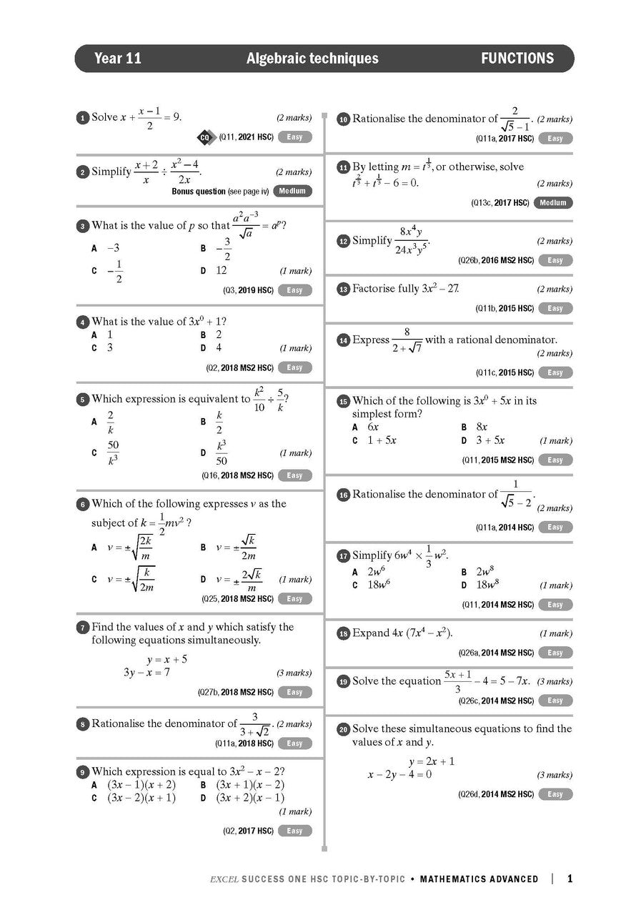 Excel Success One HSC Year 12 Mathematics Advanced (2023 Edition)