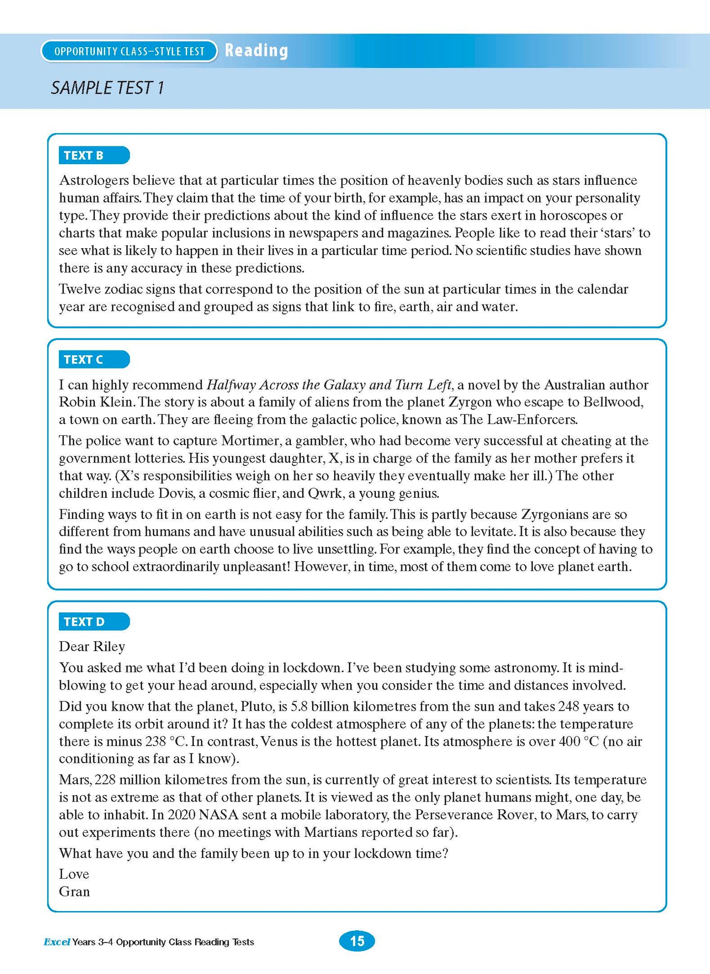 Excel Opportunity Class Reading Tests Years 3-4
