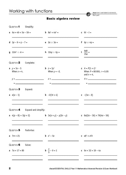 Excel Essential Skills HSC Year 11 Mathematics Advanced Revision & Exam Workbook