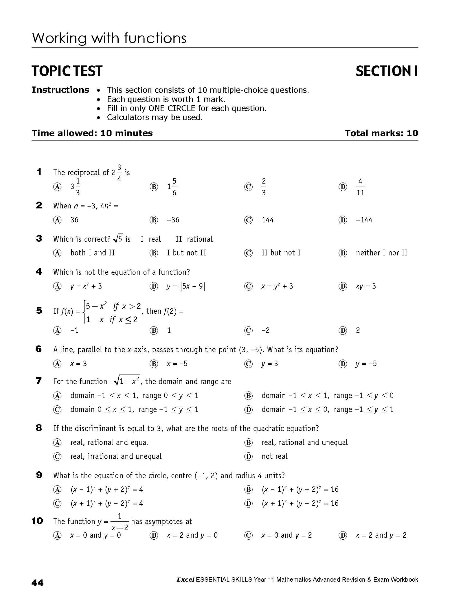 Excel Essential Skills HSC Year 11 Mathematics Advanced Revision & Exam Workbook