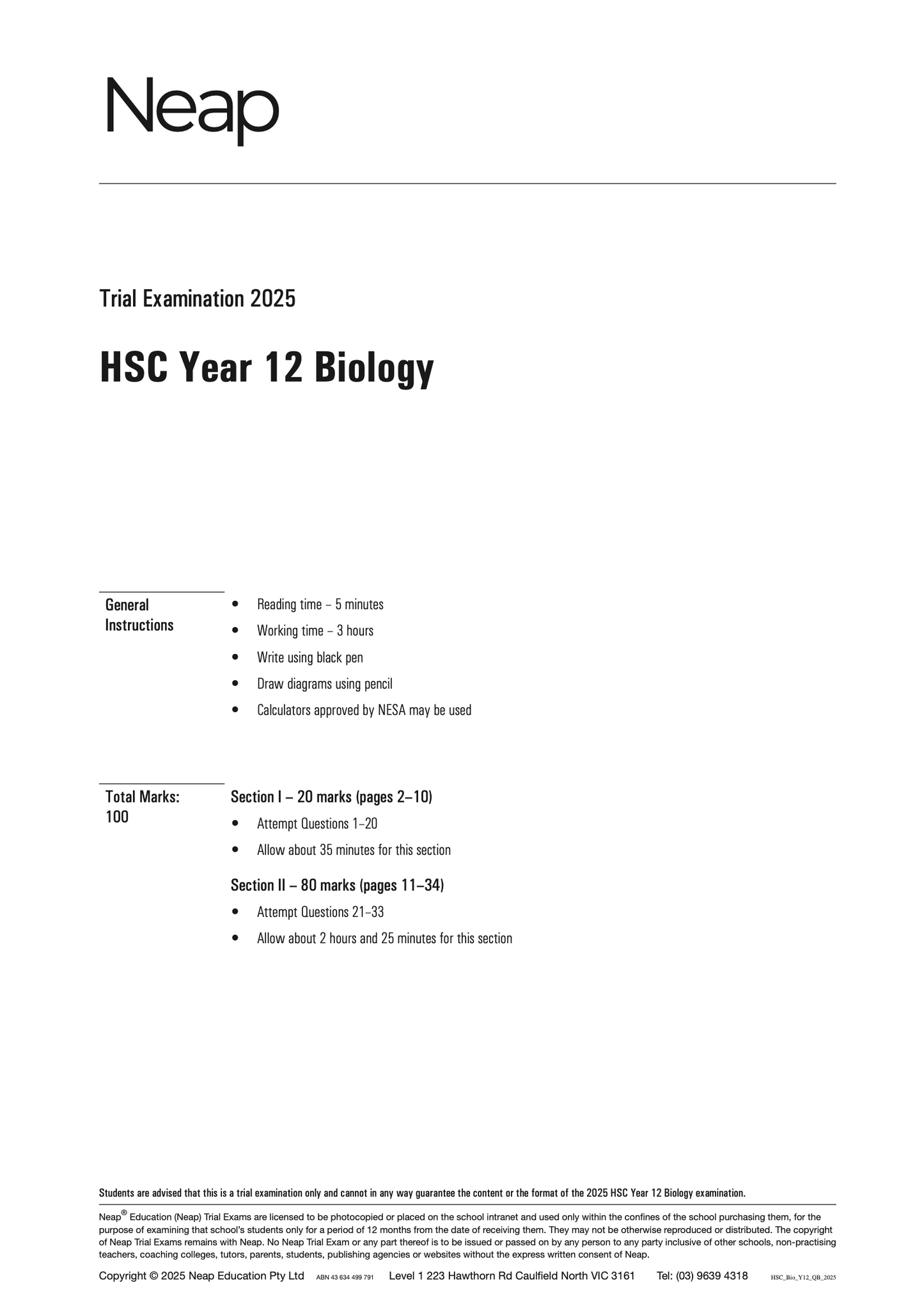 Neap Practice Exam: 2025 HSC Year 12 Biology (Digital)