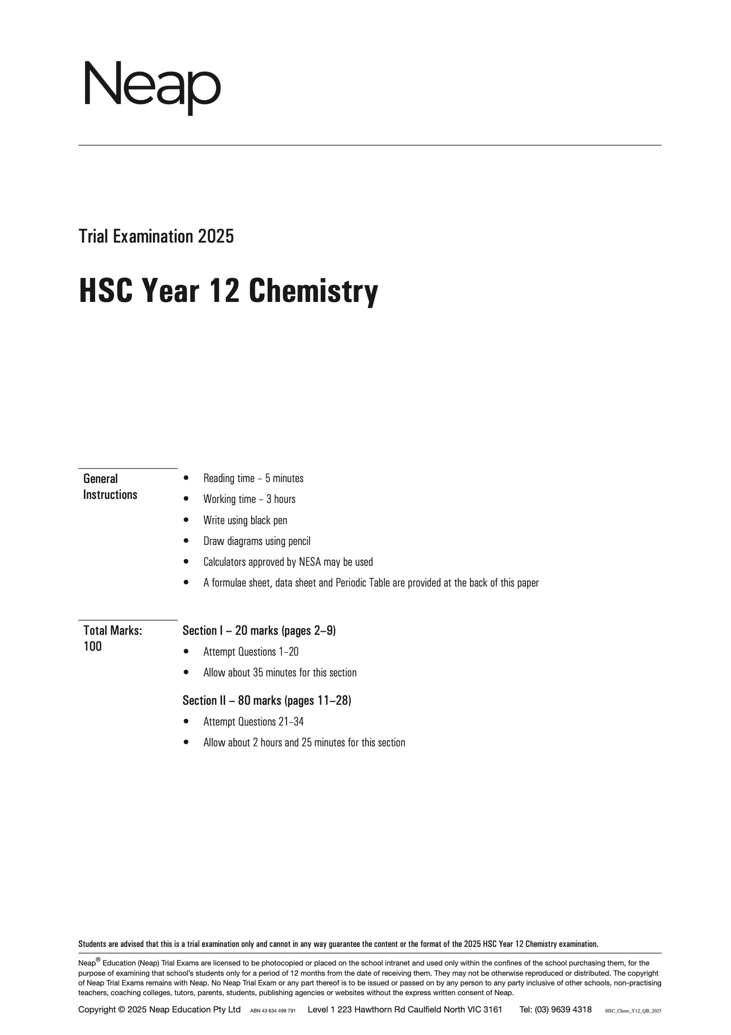 Neap Practice Exam: 2025 HSC Year 12 Chemistry (Digital)