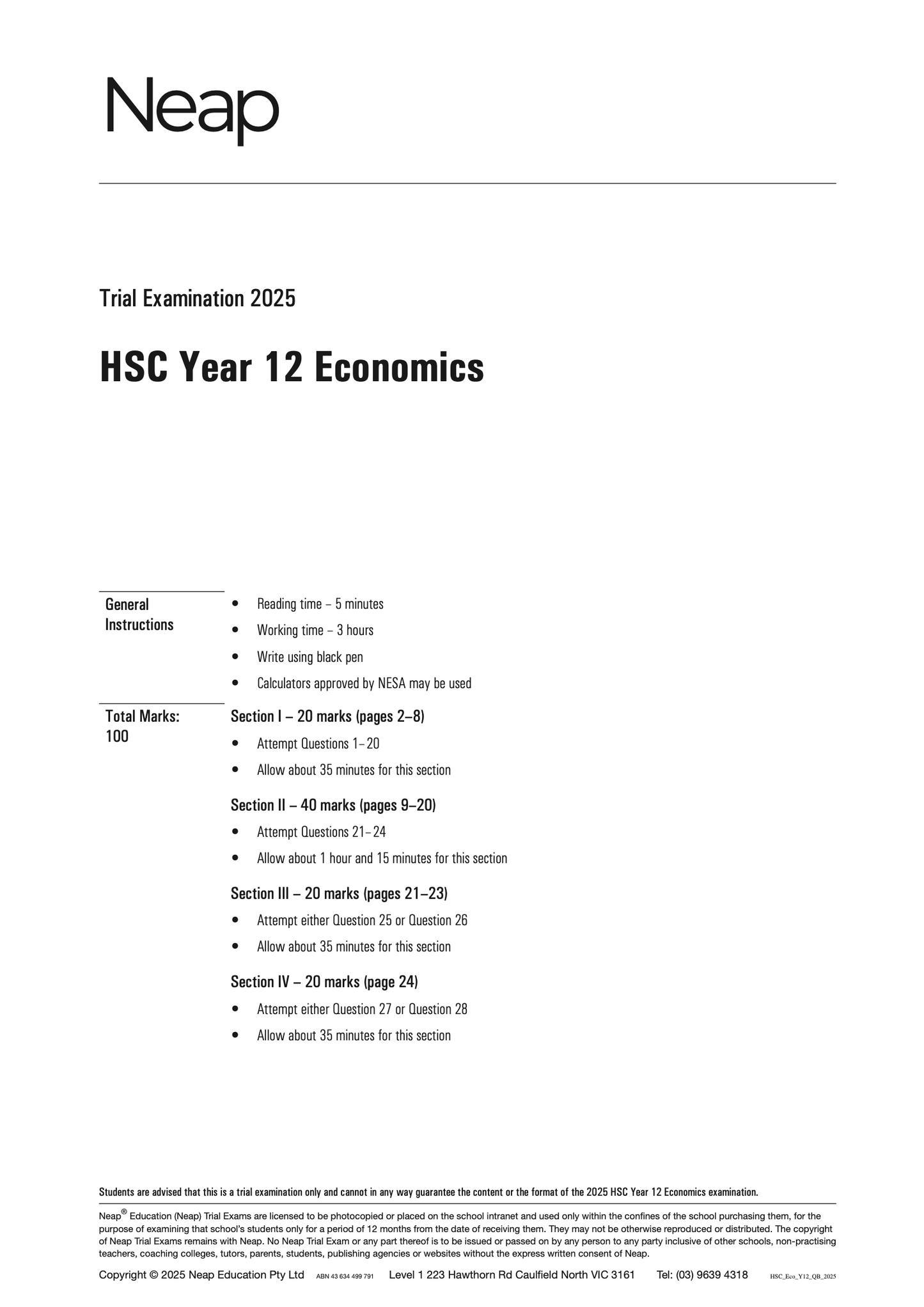 Neap Practice Exam: 2025 HSC Year 12 Economics (Digital)