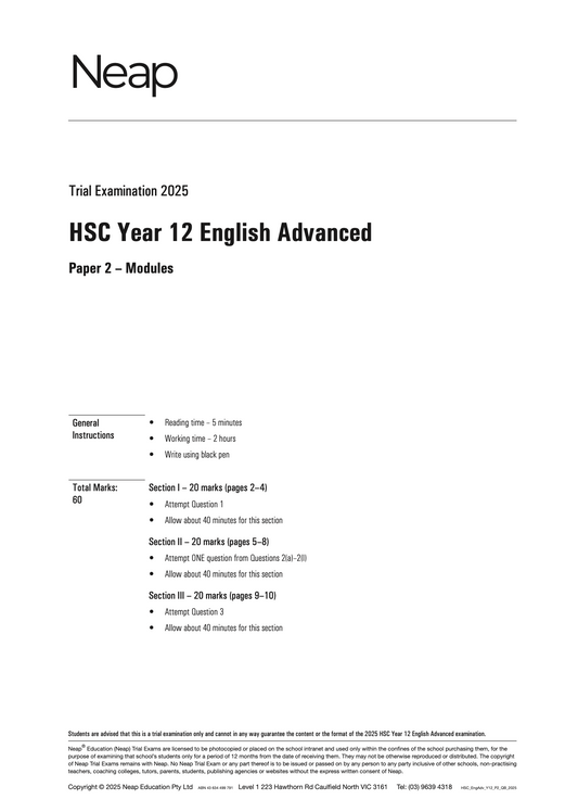 Neap Practice Exam: 2025 HSC Year 12 English Advanced (Digital)