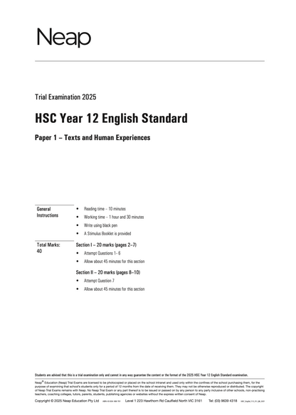 Neap Practice Exam: 2025 HSC Year 12 English Standard (Digital)