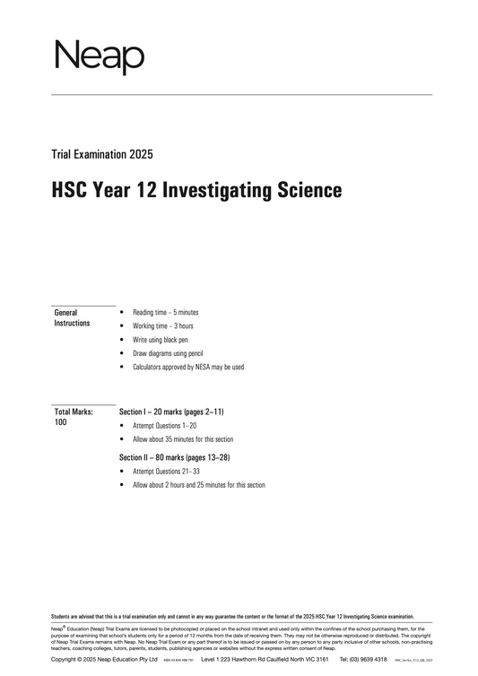 Neap Practice Exam: 2025 HSC Investigating Science Year 12
