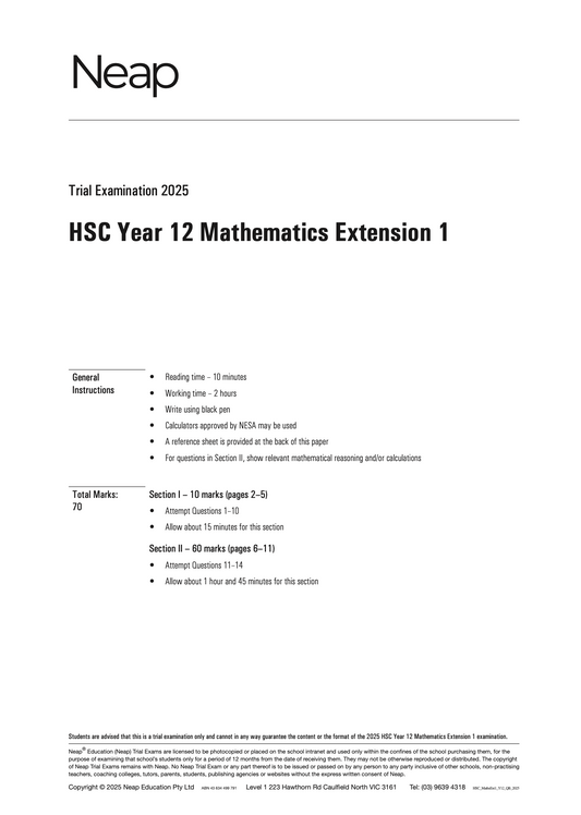 Neap Practice Exam: 2025 HSC Year 12 Maths Extension 1 (Digital)