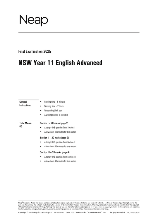Neap Practice Exam: 2025 HSC Year 11 English Advanced (Digital)