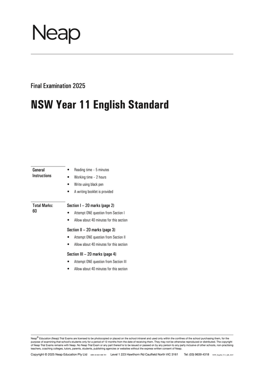 Neap Practice Exam: 2025 HSC Year 11 English Standard (Digital)