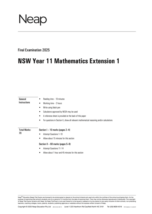 Neap Practice Exam: 2025 HSC Year 11 Maths Extension 1 (Digital)