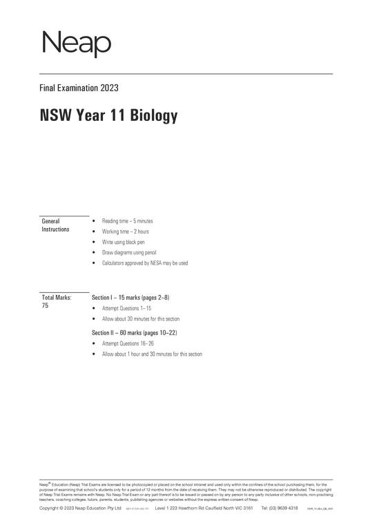 Neap Trial Exam: 2023 HSC Year 11 Biology
