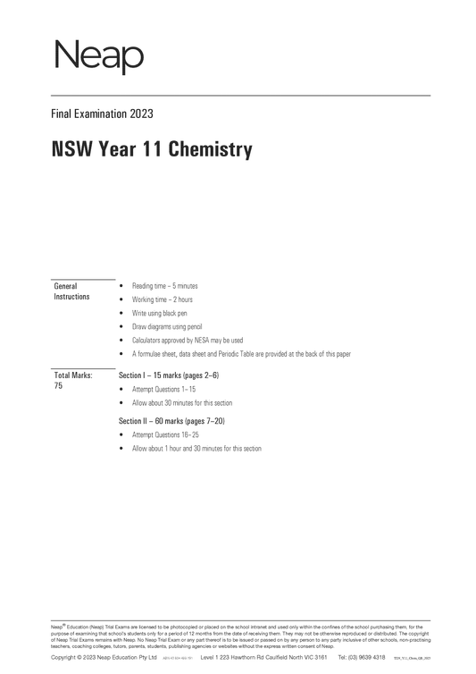 Neap Trial Exam: 2023 HSC Year 11 Chemistry
