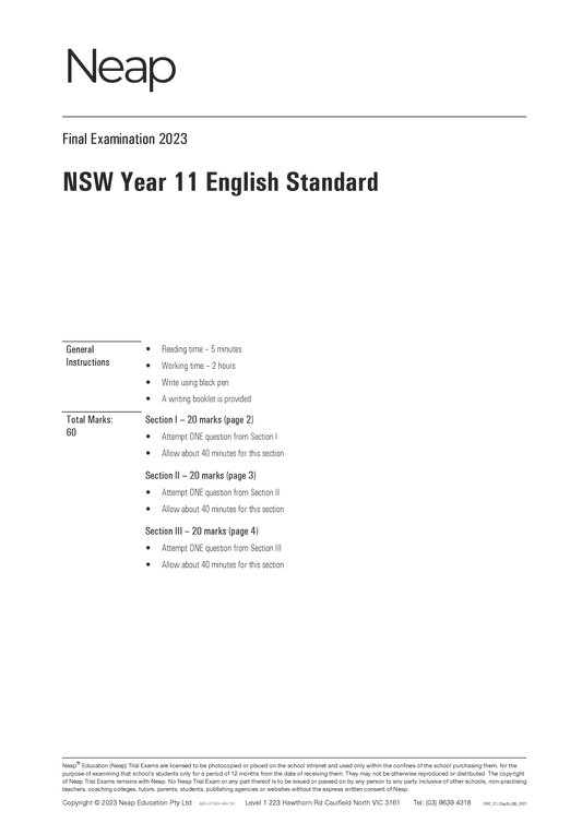 Neap Trial Exam: 2023 HSC Year 11 English Standard