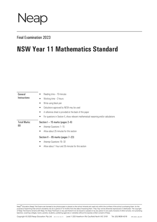 Neap Trial Exam: 2023 HSC Year 11 Maths Standard