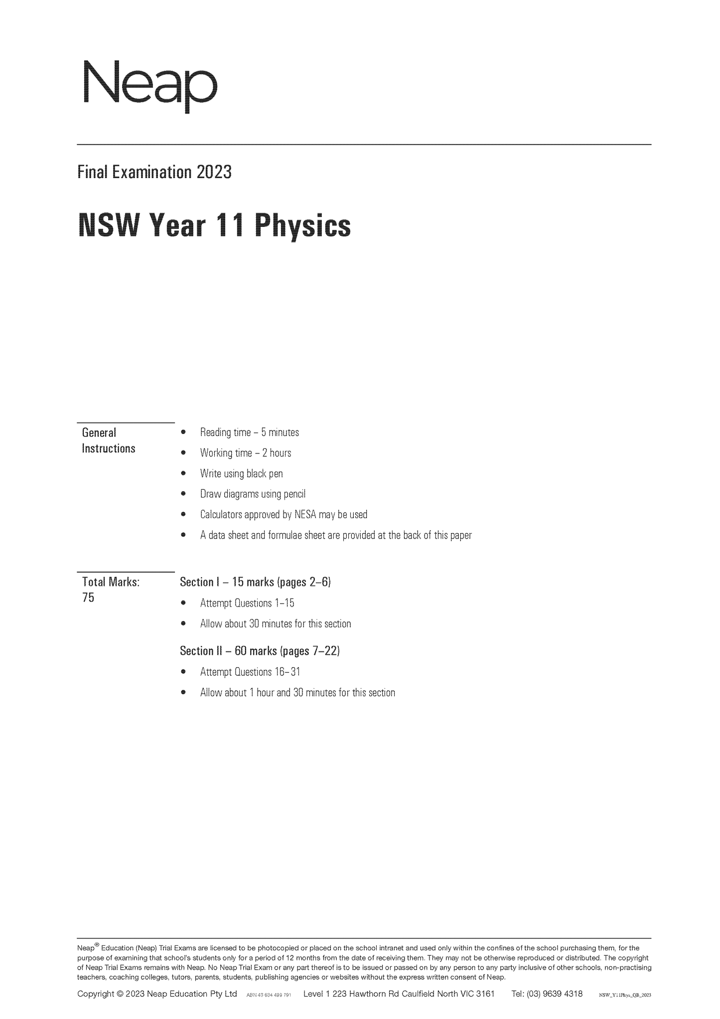 Neap Trial Exam: 2023 HSC Year 11 Physics