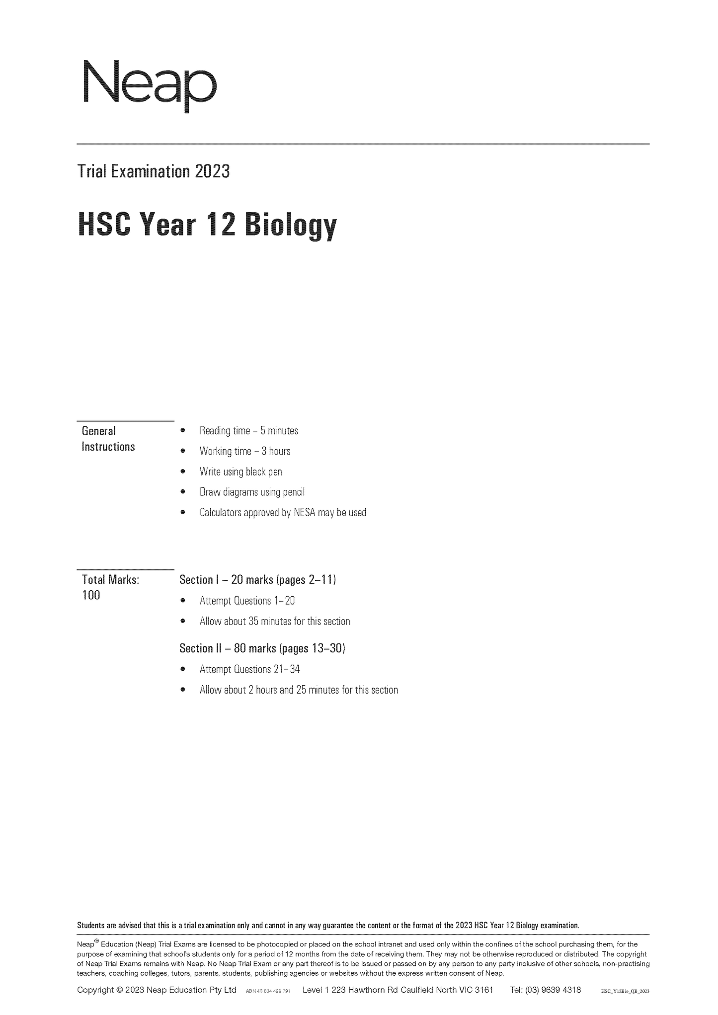 Neap Trial Exam: 2023 HSC Year 12 Biology