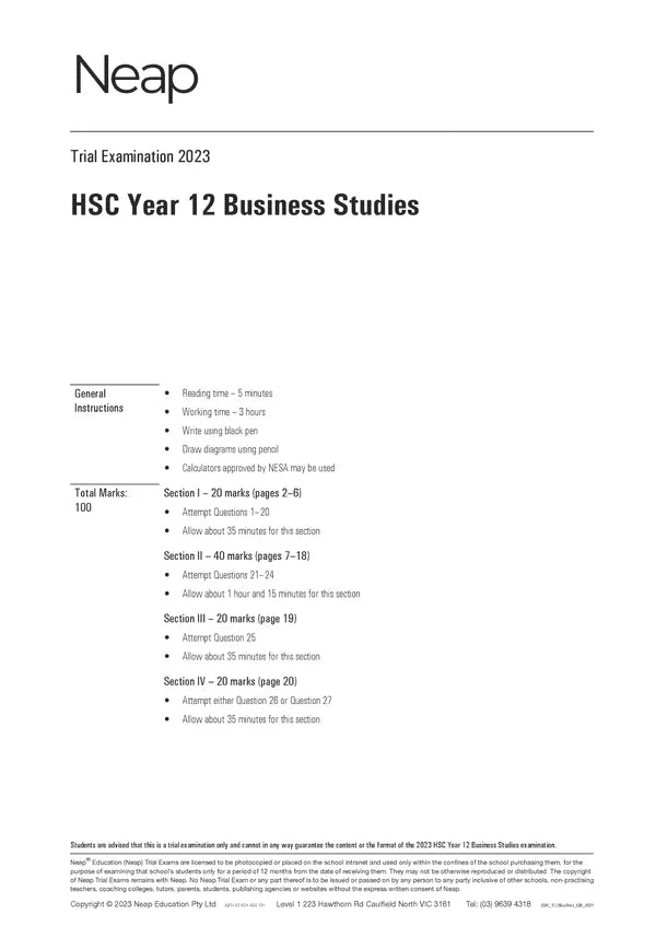 Neap Practice Exam Pack: HSC Year 12 Business Studies 2026 Edition (3 Exams)