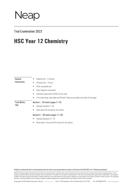 Neap Trial Exam: 2023 HSC Year 12 Chemistry