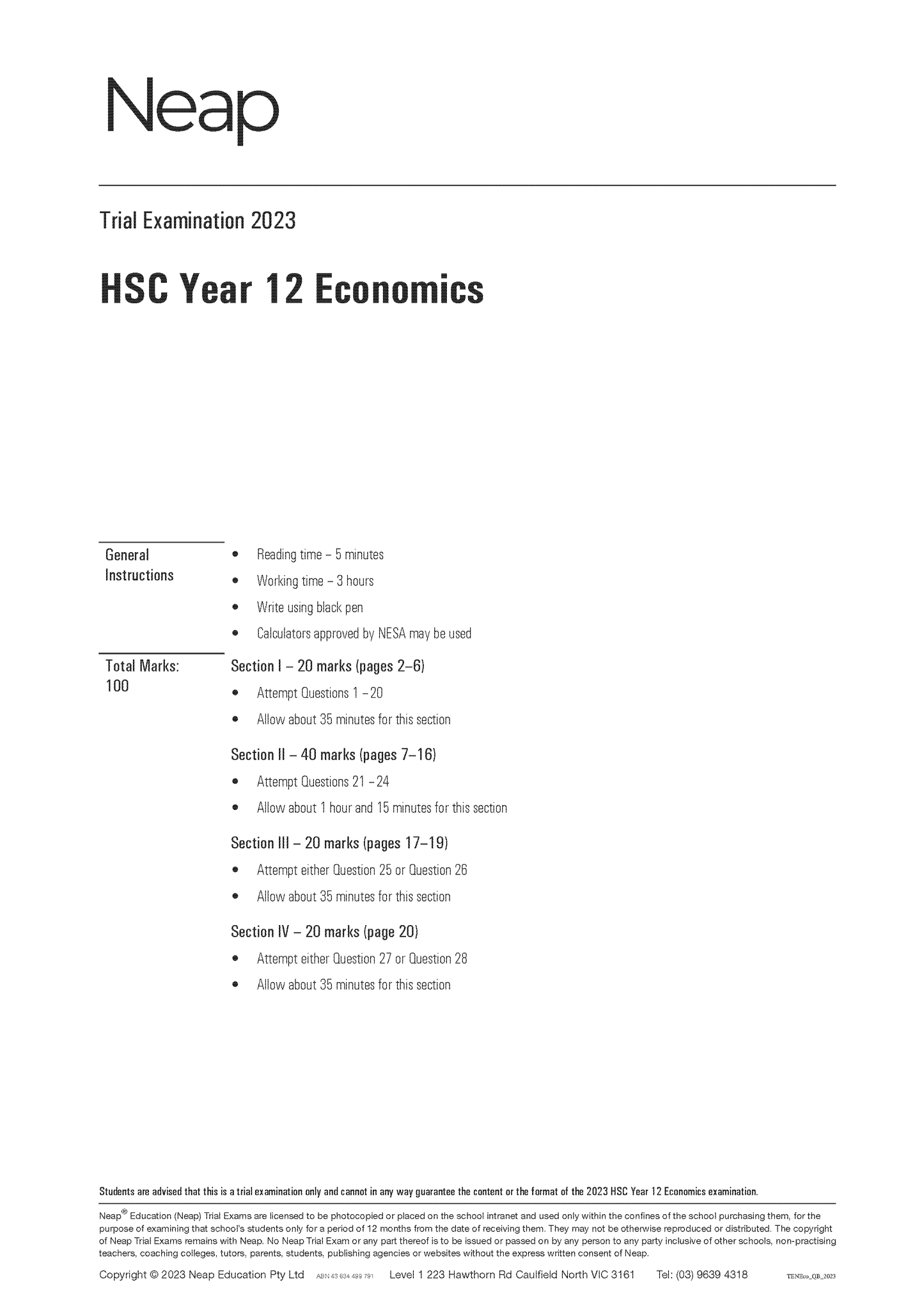 Neap Trial Exam: 2023 HSC Year 12 Economics