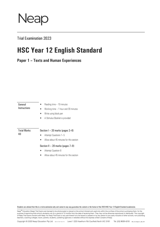 Neap Trial Exam: 2023 HSC Year 12 English Standard