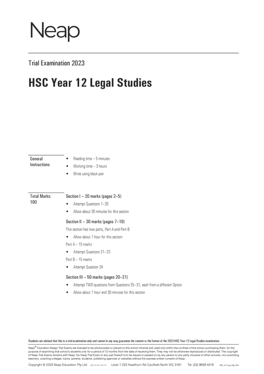 Neap Trial Exam: 2023 HSC Year 12 Legal Studies
