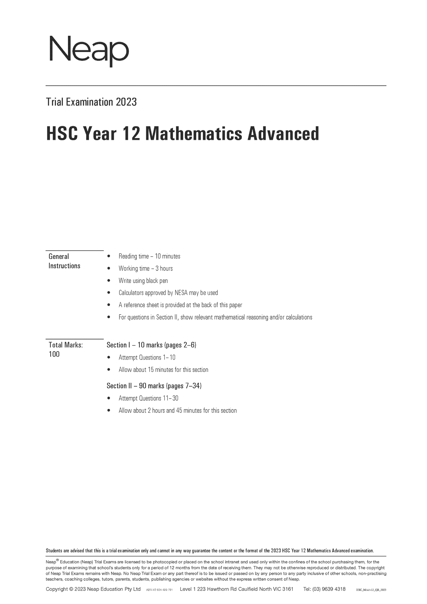 Neap Trial Exam: 2023 HSC Year 12 Maths Advanced