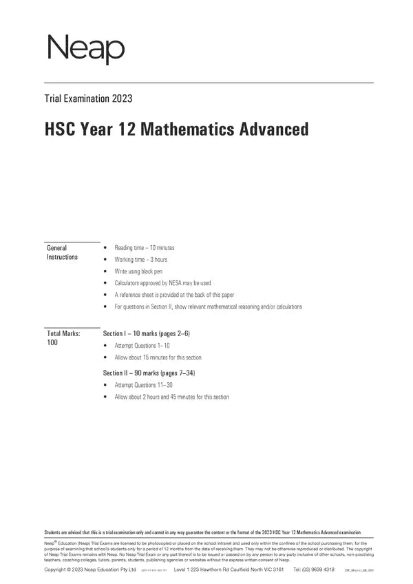 White trial exam paper by Neap displaying 'HSC Year 12 Mathematics Advanced' title and instructions.