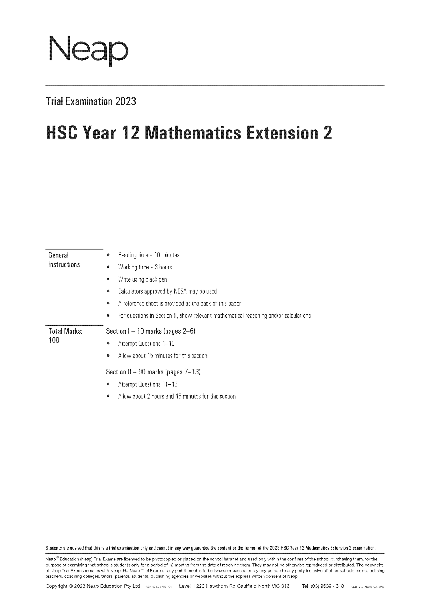 Neap Trial Exam: 2023 HSC Year 12 Maths Extension 2