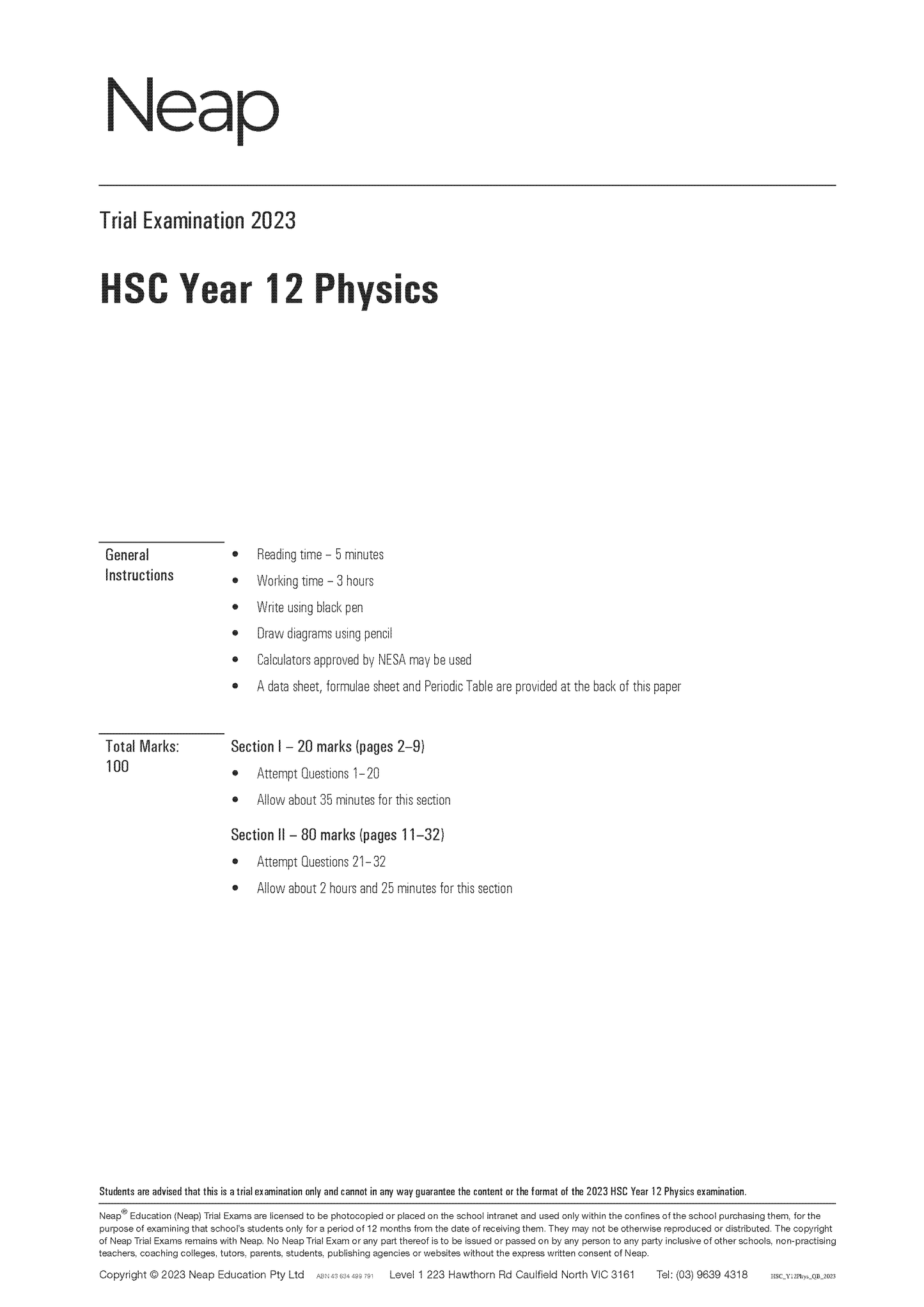 Neap Trial Exam: 2023 HSC Year 12 Physics