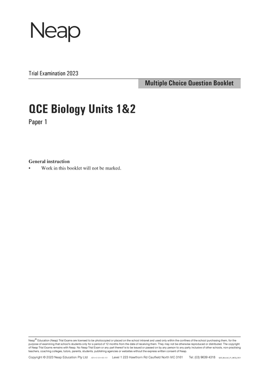 Neap Trial Exam: 2023 QCE Biology Units 1&2 (Papers 1 and 2)