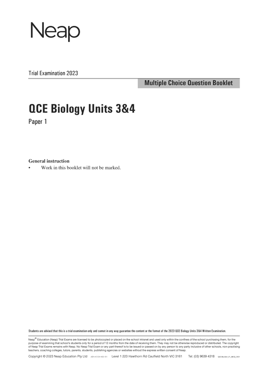 Neap Trial Exam: 2023 QCE Biology Units 3&4 (Papers 1 and 2)