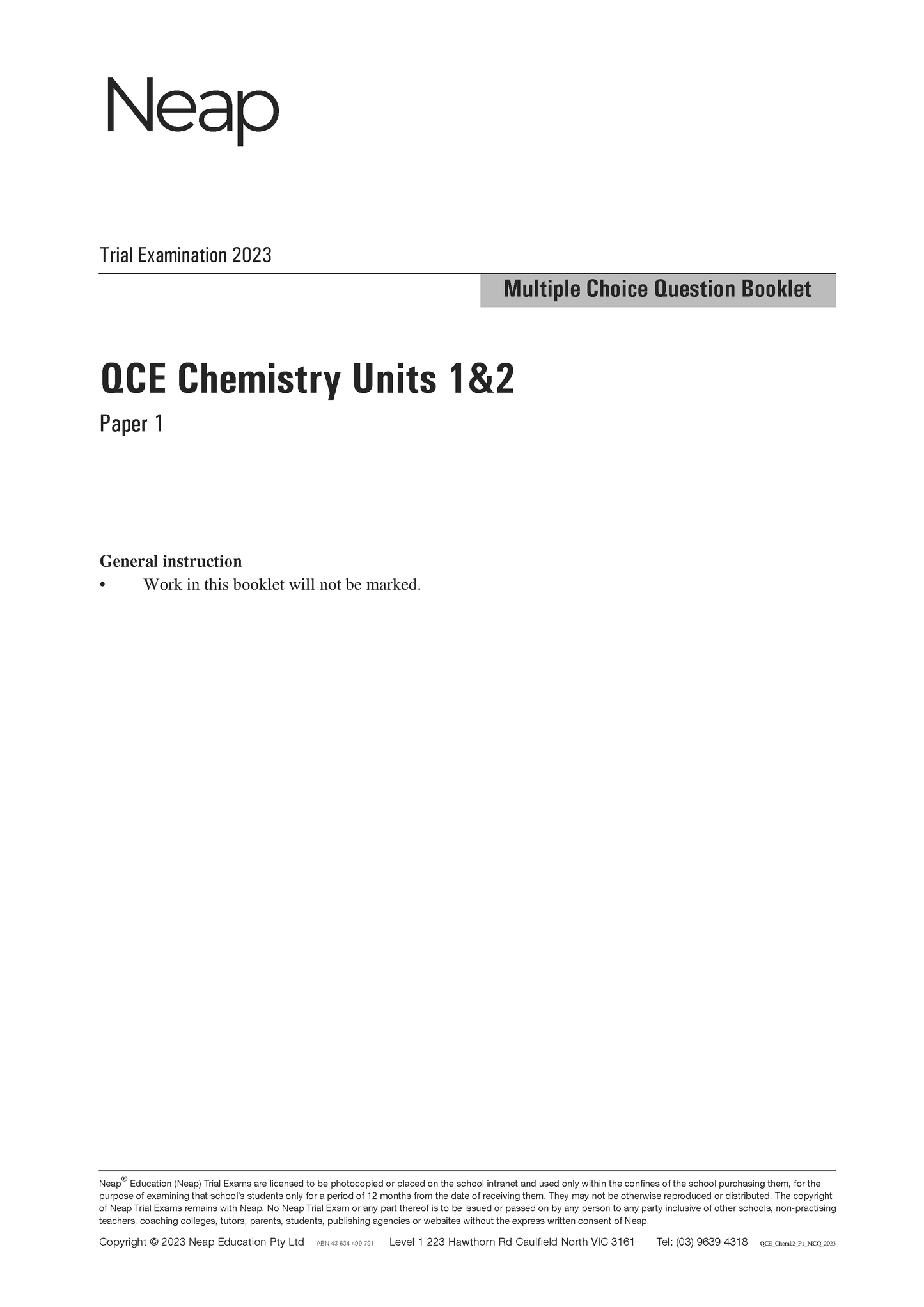 Neap Trial Exam: 2023 QCE Chemistry Units 1&2 (Papers 1 and 2)
