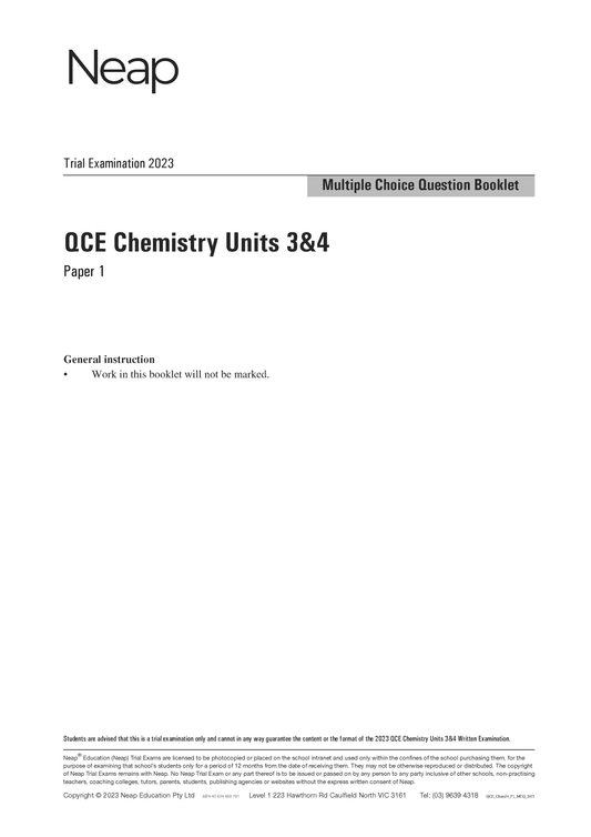 Neap Trial Exam: 2023 QCE Chemistry Units 3&4 (Papers 1 and 2)
