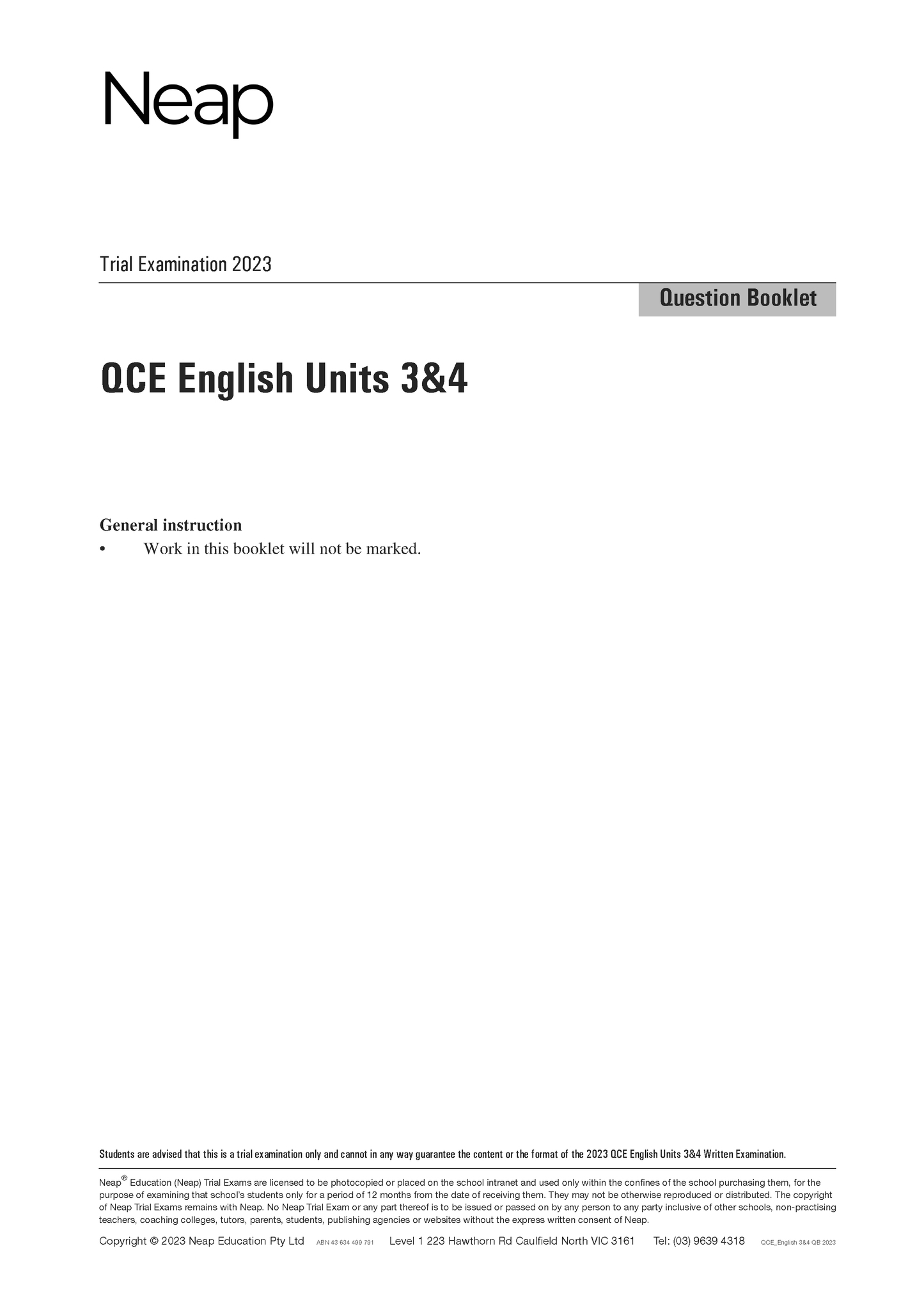 Neap Trial Exam: 2023 QCE English Units 3&4