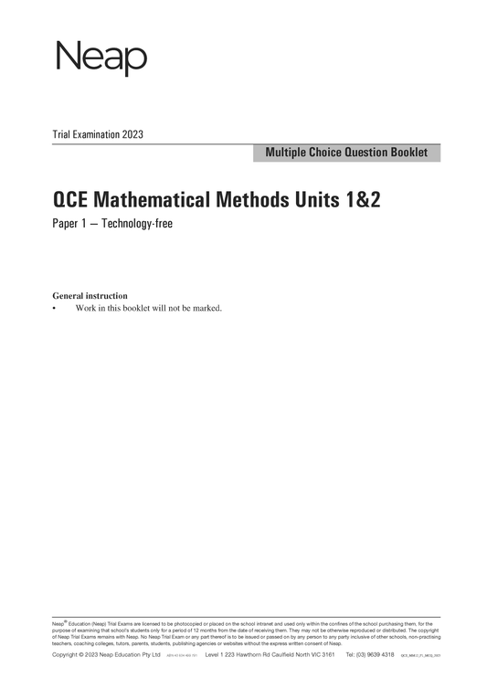 Neap Trial Exam: 2023 QCE Maths Methods Units 1&2 (Papers 1 and 2)