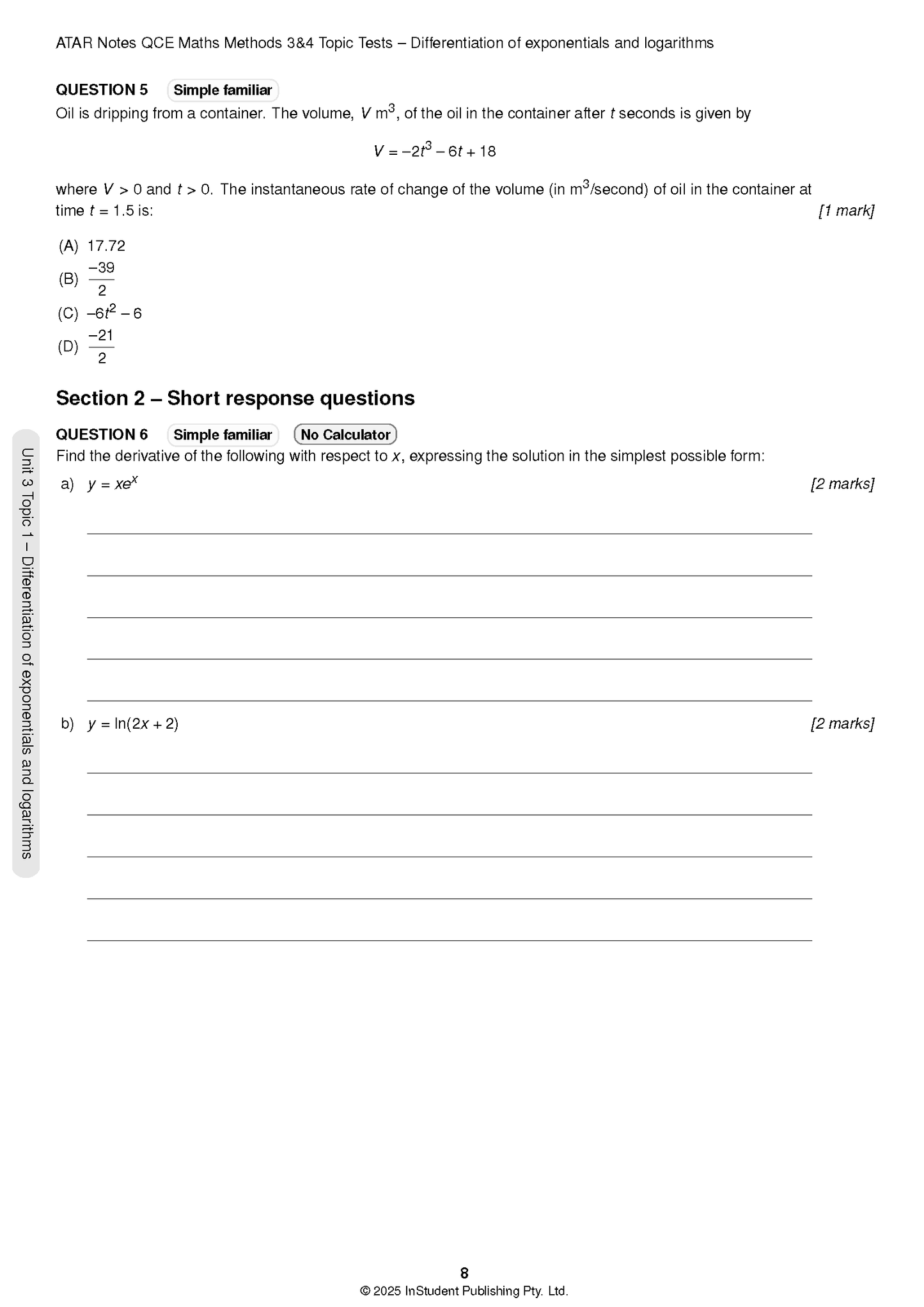 ATAR Notes QCE Maths Methods 3&4 Topic Tests (2026-2028)