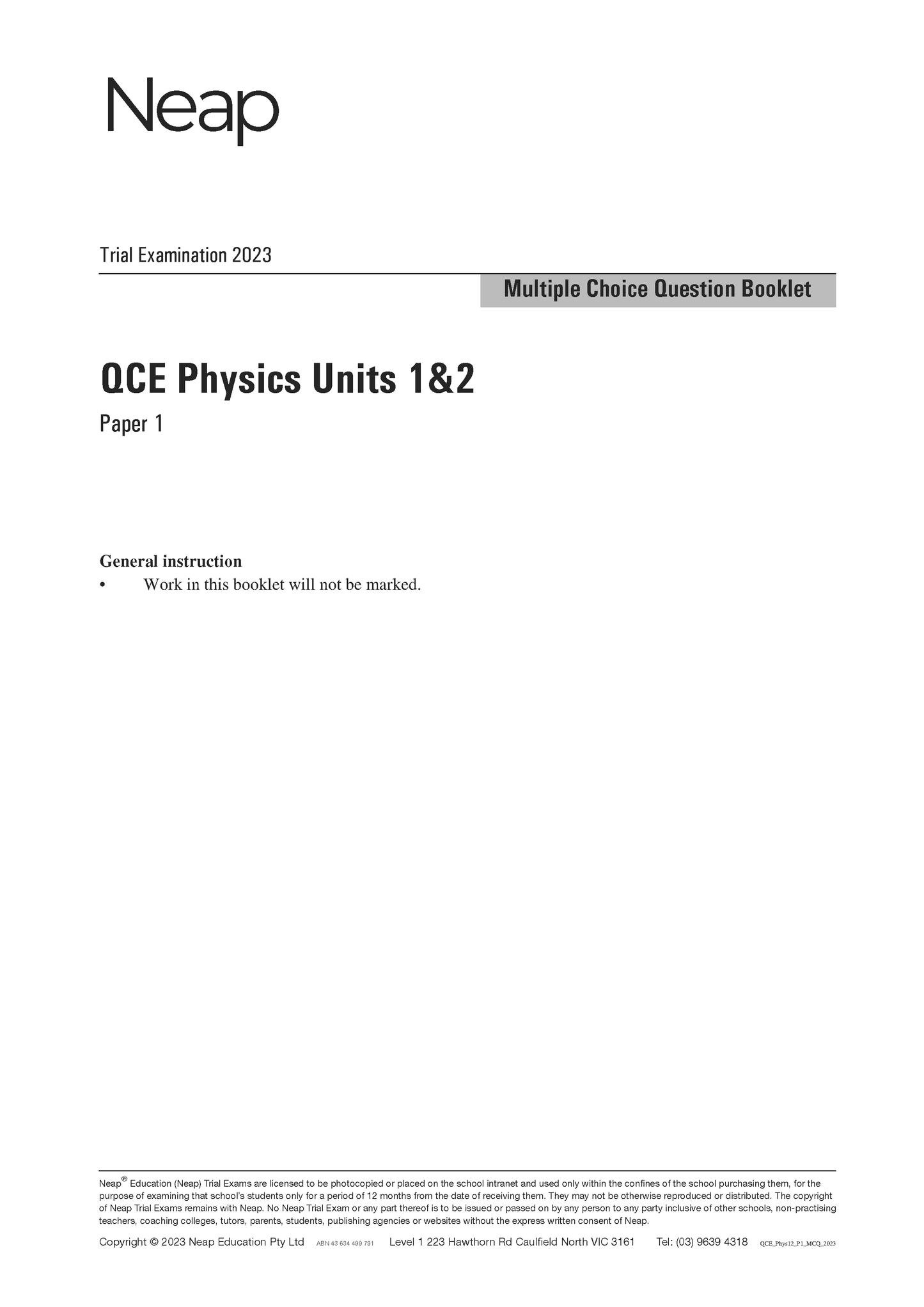 Neap Trial Exam: 2023 QCE Physics Units 1&2 (Papers 1 and 2)