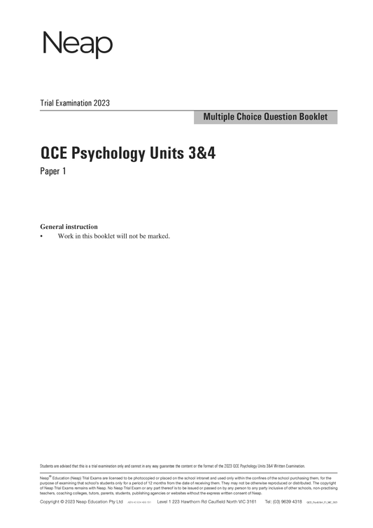 Neap Trial Exam: 2023 QCE Psychology Units 3&4 (Papers 1 and 2)