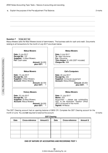 ATAR Notes VCE Accounting 3&4 Topic Tests (2025–2027)