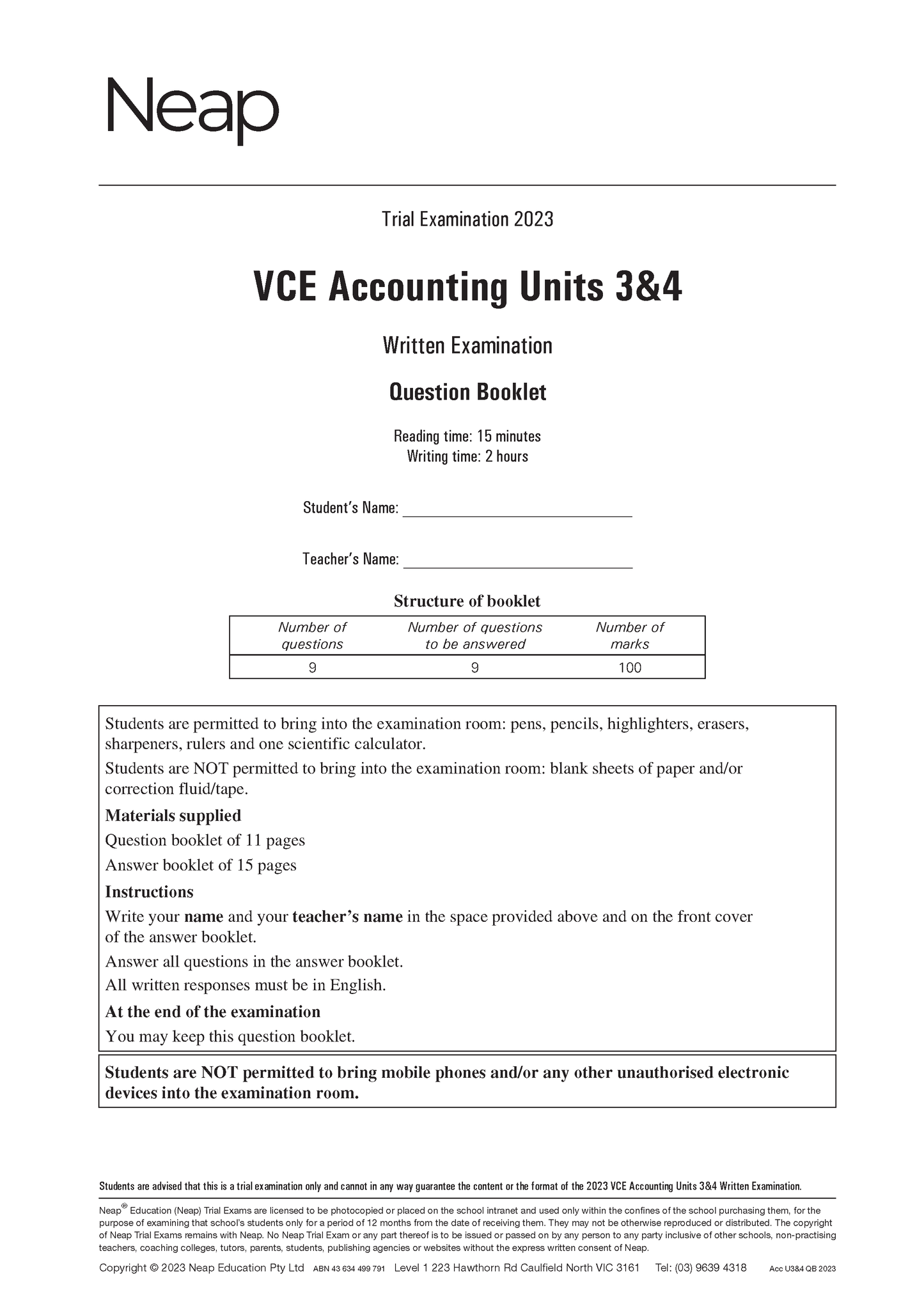 Neap Trial Exam: 2023 VCE Accounting Units 3&4