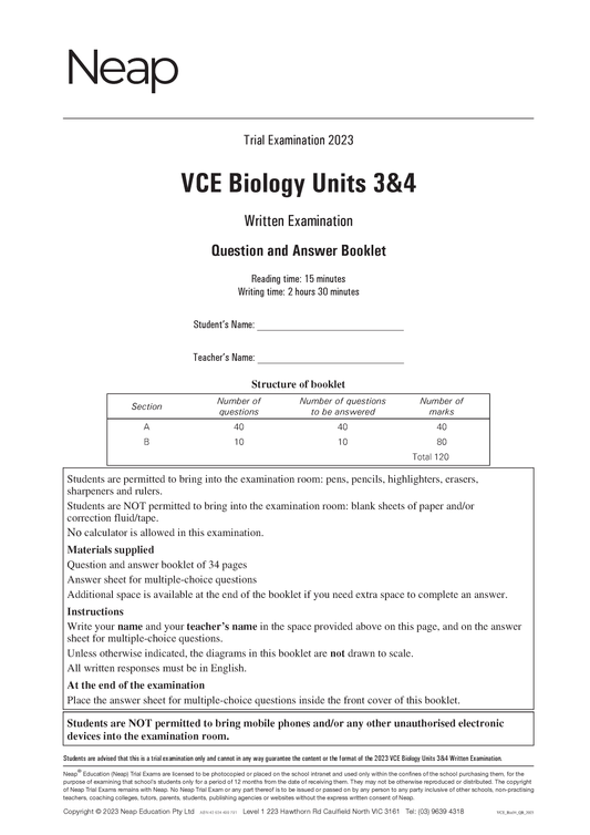 Neap Trial Exam: 2023 VCE Biology Units 3&4