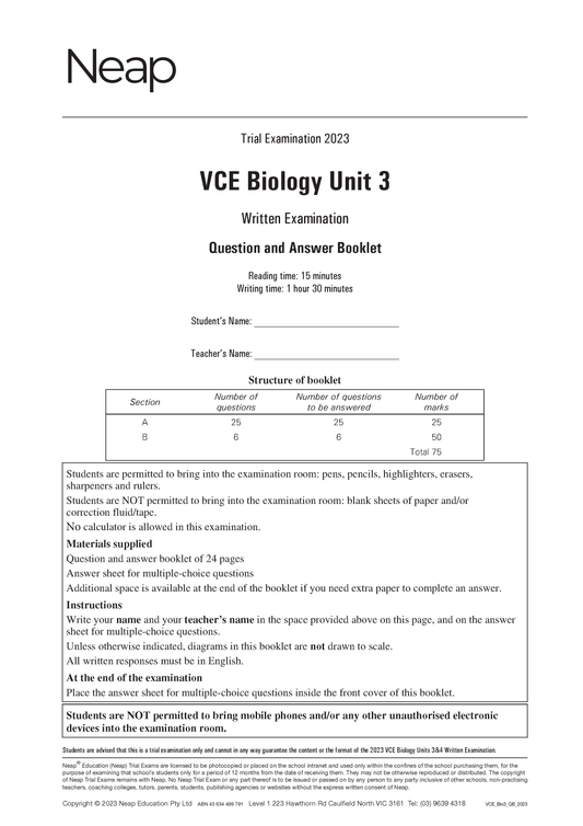 Neap Trial Exam: 2023 VCE Biology Unit 3