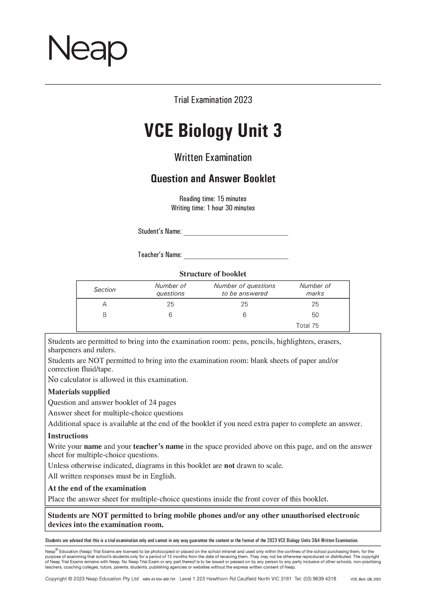 Neap Trial Exam: 2023 VCE Biology Unit 3